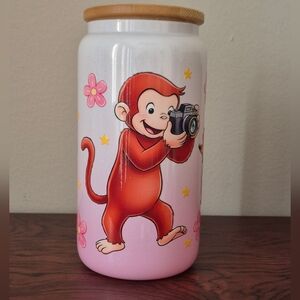 Curious George Monkey pink white glitter glass tumbler, wooden lid, straw 16oz